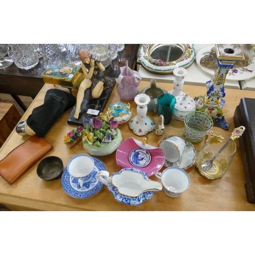 63 - An Art Deco style lady figure ornament, candlesticks, cups and saucers and various ornamental items