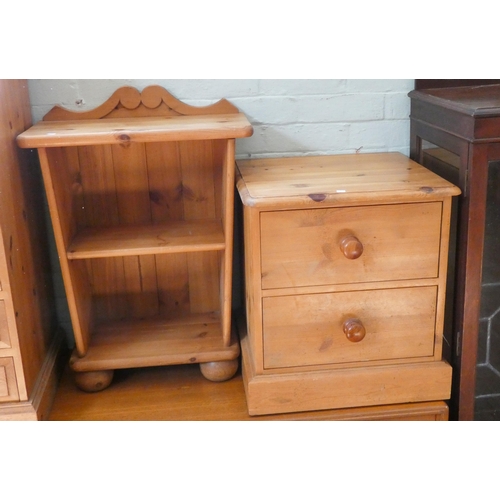 67 - A pine two drawer bedside chest and small pine bookshelf