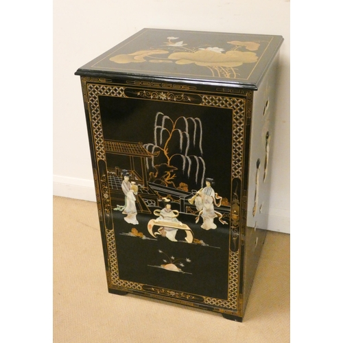 140 - A Chinese black lacquered and floral single door and lift top cabinet with applied mother of pearl p... 