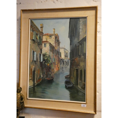 149 - A framed oil painting of a Venetian canal scene, Signed by Pisani, image size 27