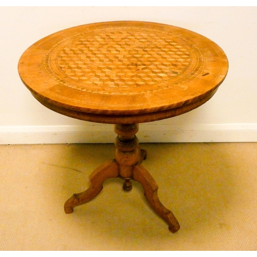 166 - A Victorian circular parquetry and cross banded occasional or centre table on turned pillar and trip... 