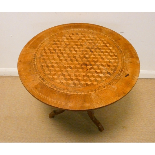 166 - A Victorian circular parquetry and cross banded occasional or centre table on turned pillar and trip... 