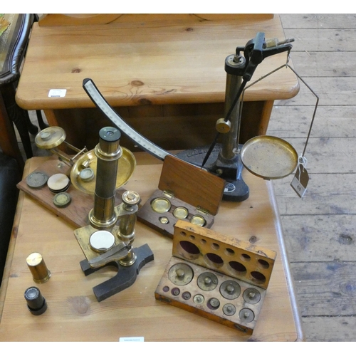 68 - Balance scales with weights, microscope, balance scale and sets of brass weights