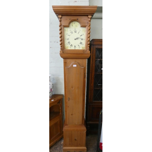 97 - A quartz movement grandfather clock in modern pine case with arched painted dial