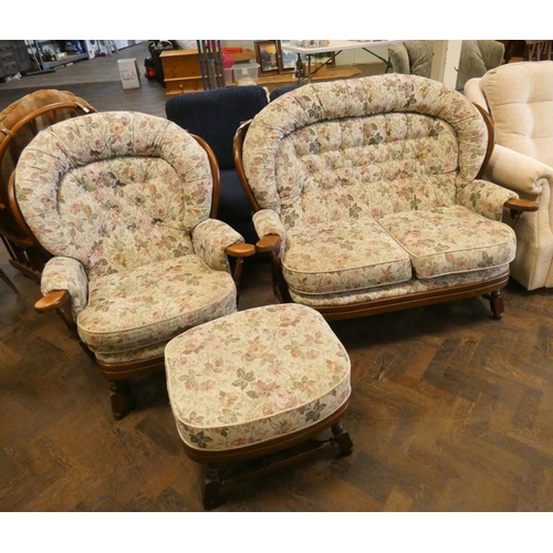 116 - Modern two seater oak framed settee in floral figured tapestry with one matching chair and stool