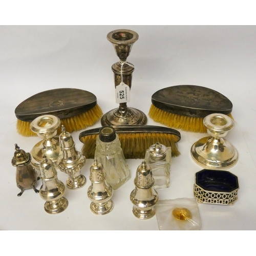 525 - A collection of small silver ware to include cruet condiments, silver backed hairbrushes, weighted c... 