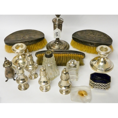 525 - A collection of small silver ware to include cruet condiments, silver backed hairbrushes, weighted c... 