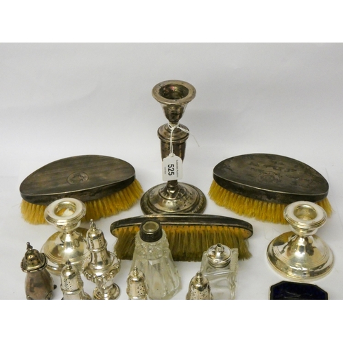 525 - A collection of small silver ware to include cruet condiments, silver backed hairbrushes, weighted c... 