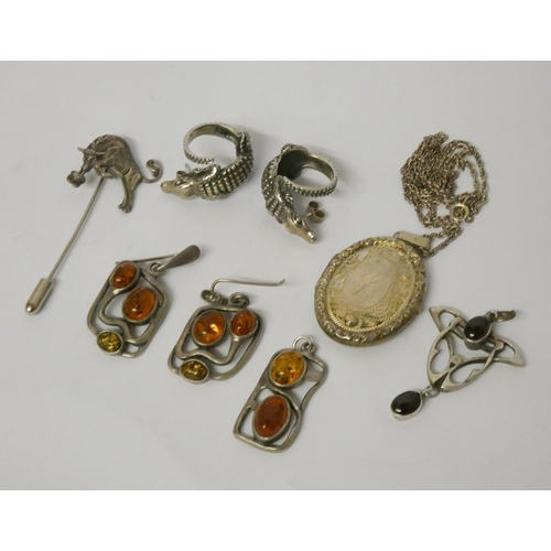 543 - Pair of unusual silver crocodile earrings, amber set silver earrings, matching pendant etc