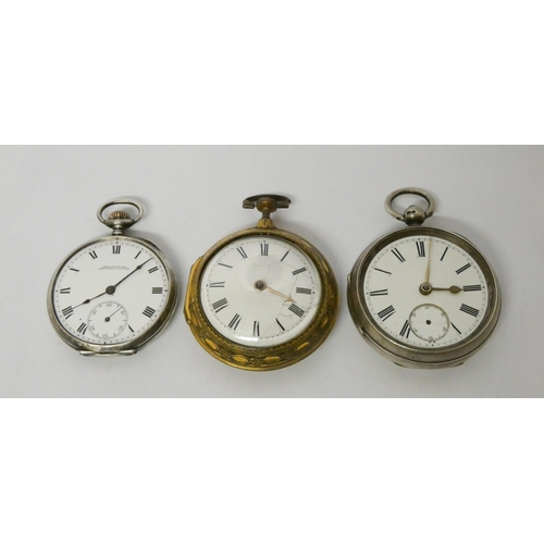 584 - Two Victorian silver pocket watches and a gold plated pair cased pocket watch