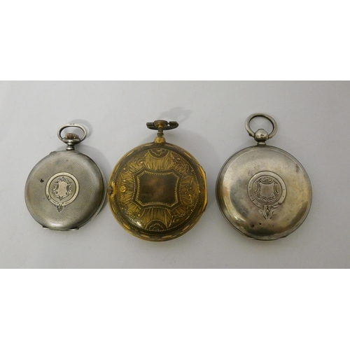 584 - Two Victorian silver pocket watches and a gold plated pair cased pocket watch