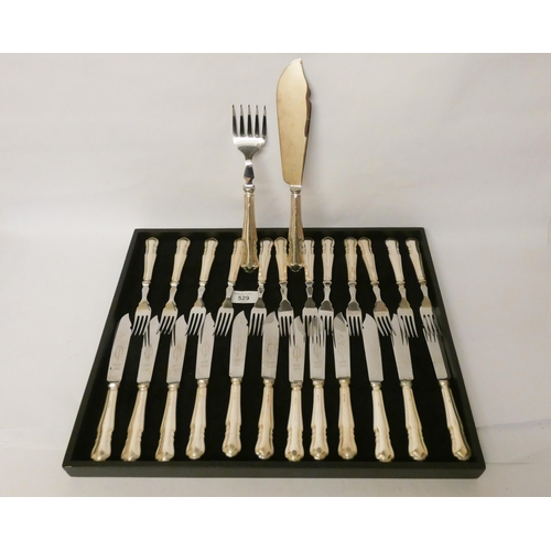 529 - A set of twelve silver handled fish knives and forks together with a pair of silver handled matching... 