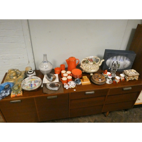 126 - Part coffee set, tea pot, four boxed oriental vases, cherub plaque, paperweight etc