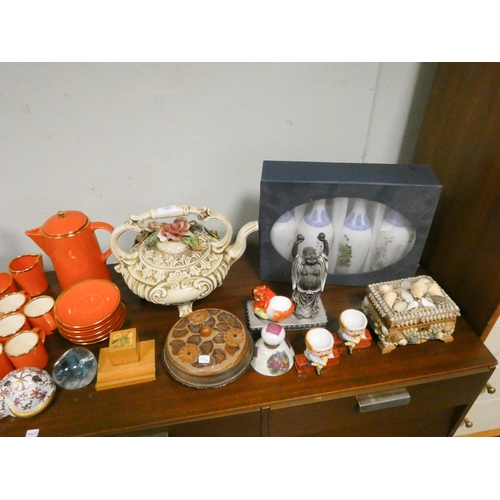 126 - Part coffee set, tea pot, four boxed oriental vases, cherub plaque, paperweight etc