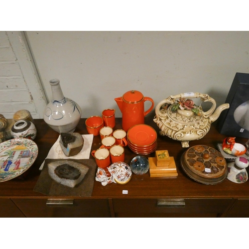 126 - Part coffee set, tea pot, four boxed oriental vases, cherub plaque, paperweight etc