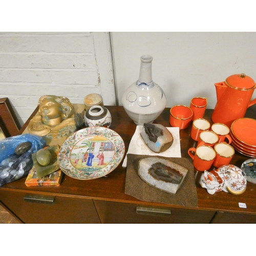 126 - Part coffee set, tea pot, four boxed oriental vases, cherub plaque, paperweight etc