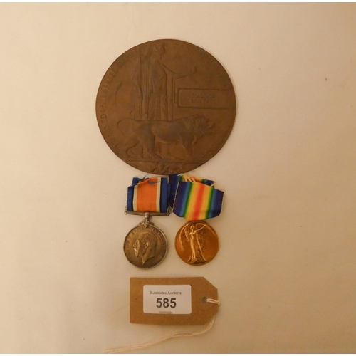 585 - Pair of First World War Medals, and Death Plaque awarded to Maurice Boniface Leading Bombardier 8716... 