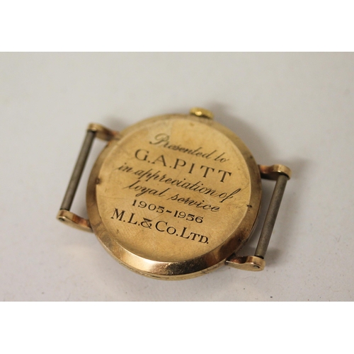 578 - Mid-century 9ct gold cased presentation wristwatch by Niers, case engraved on reverse. Gross weight ... 