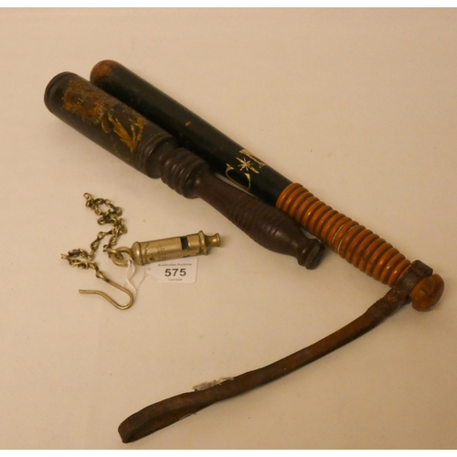 575 - Two antique police truncheons and a Metropolitan Police whistle