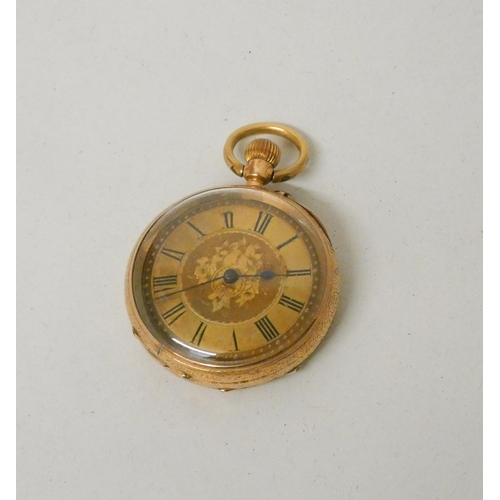 614 - Victorian ladies gold fob watch in fitted leather travel case, with engraved dial, the outer case ma... 