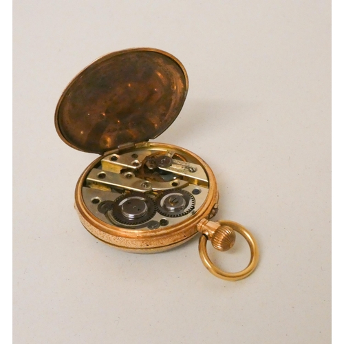 614 - Victorian ladies gold fob watch in fitted leather travel case, with engraved dial, the outer case ma... 