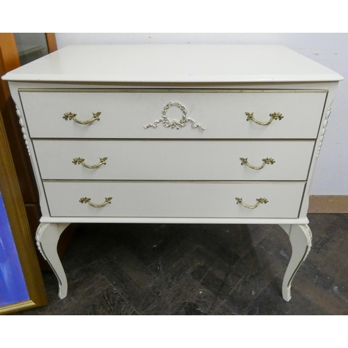 12 - A kidney shaped French style cream and gilt dressing table with triple mirror and a matching side ch... 