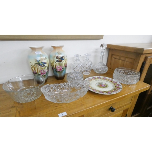 17 - A pair of vintage Octagonal bodied vases painted with Kingfishers,  China plate, good quality cut gl... 