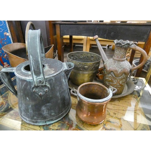 103 - A copper watering can or large jug,  coal bucket, oval brass tray, Turkish pot, jardinière, cannon e... 
