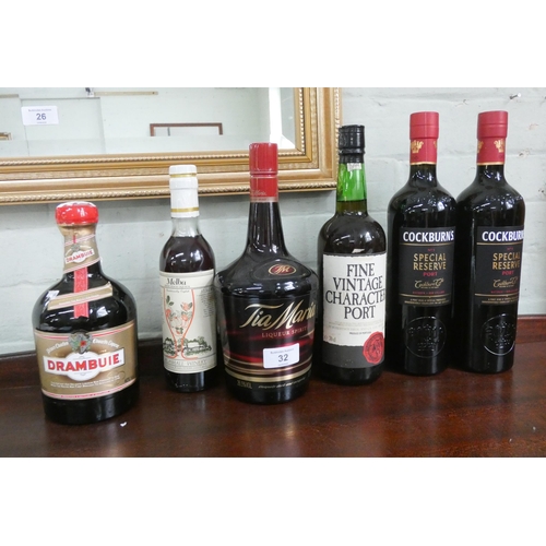 32 - Two bottles of Cockburns, special reserve port, vintage character port, bottle of Tia Maria, bottle ... 