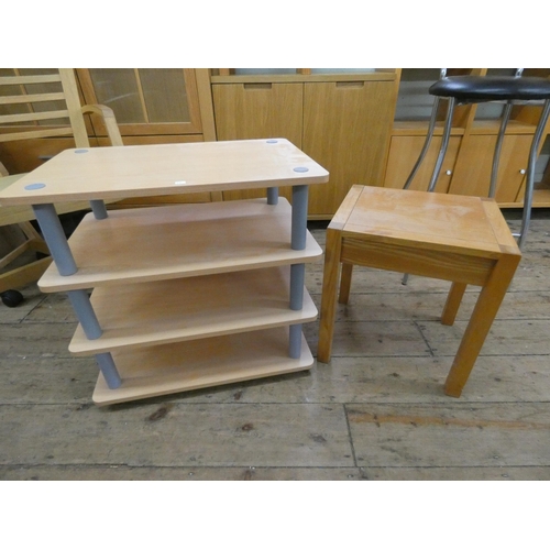 51 - A four tier modern beech table and a square oak coffee table