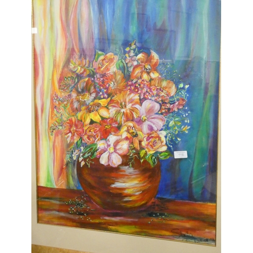 116 - A still life oil painting of a vase of flowers signed Sibella, framed and glazed