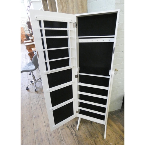 106 - A white painted Cheval dressing mirror, interior fitted as a jewellery cabinet