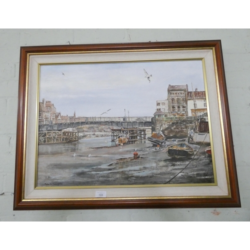 109 - A modern framed oil painting of Whitby Harbour signed Peter McLaughlin