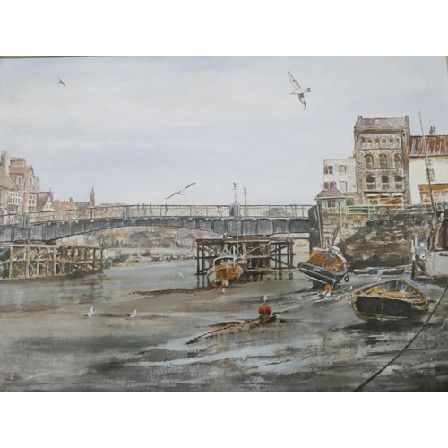 109 - A modern framed oil painting of Whitby Harbour signed Peter McLaughlin