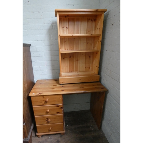 42 - A modern pine single pedestal desk, fitted 4 drawers and a small pine open bookshelf