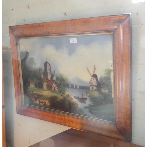 43 - A Victorian landscape painting on glass in a maple frame and a Pears print in a maple frame