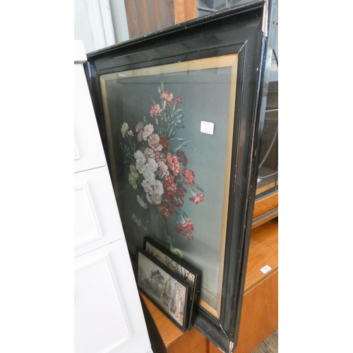 50 - A oval wall mirror in gilt frame, one other, still life picture of flowers and two small prints...