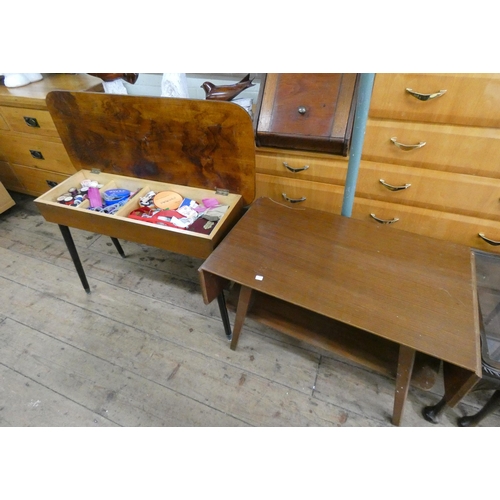 9 - An oak coffee table/sewing table with cottons etc and two tier drop leaf coffee table