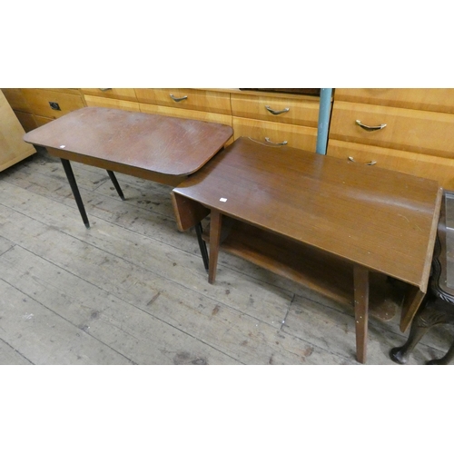 9 - An oak coffee table/sewing table with cottons etc and two tier drop leaf coffee table