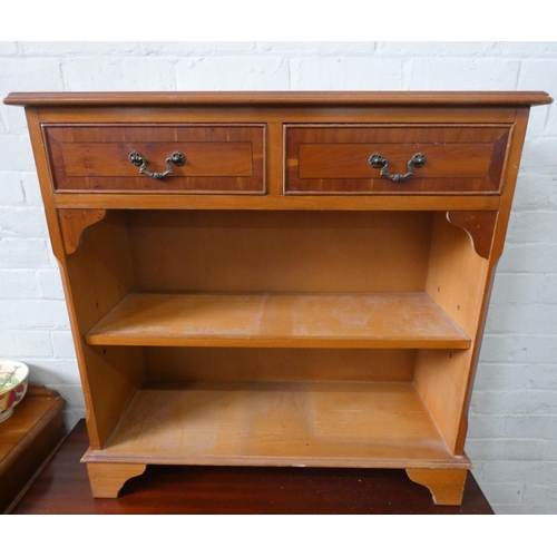 93 - A small yew wood open bookcase fitted two drawers