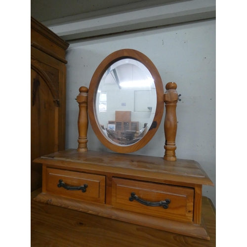 96 - A pine single pedestal dressing table with free standing toilet mirror and stool