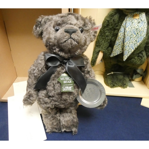 503 - A Steiff green plush Centenary bear in original box and a Rose Tavern grey 34cm bear in original box