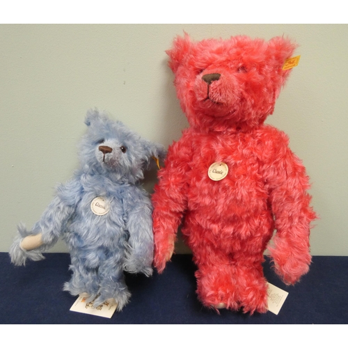 508 - Two Steiff classic jointed mohair bears: one red, one blue. The red bear has a growler