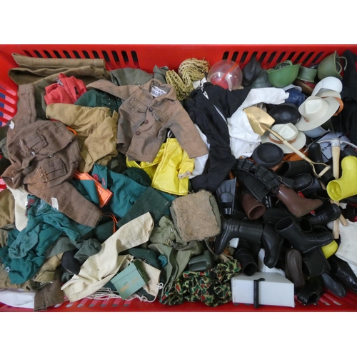 538 - A large quantity of vintage Action Man outfits, toys, kayak, boat all contained within two plastic c... 