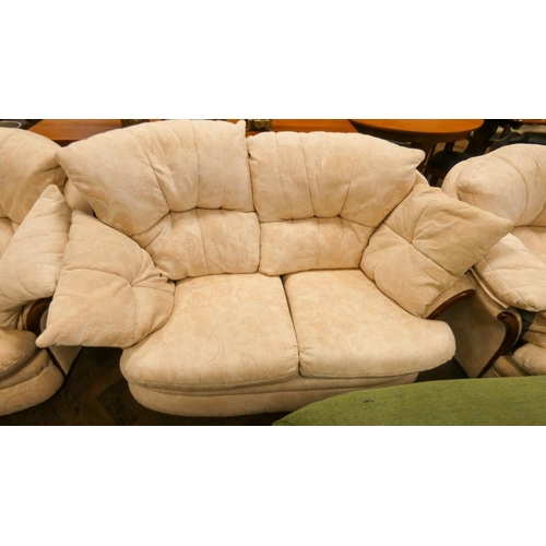 187 - A small tub shaped two seater settee three piece lounge suite in pale cream and pink figured coverin... 