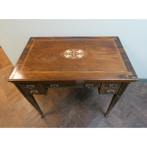 382 - An Edwardian inlaid rosewood fold over top card table with green leather interior, small trinket dra... 