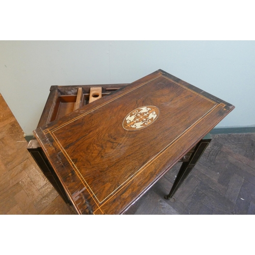 382 - An Edwardian inlaid rosewood fold over top card table with green leather interior, small trinket dra... 