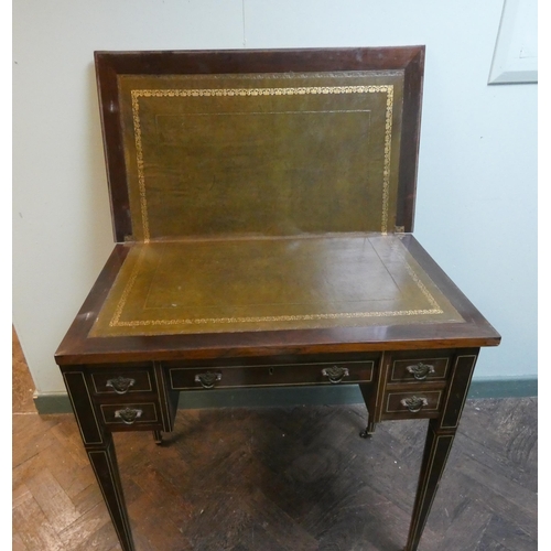 382 - An Edwardian inlaid rosewood fold over top card table with green leather interior, small trinket dra... 