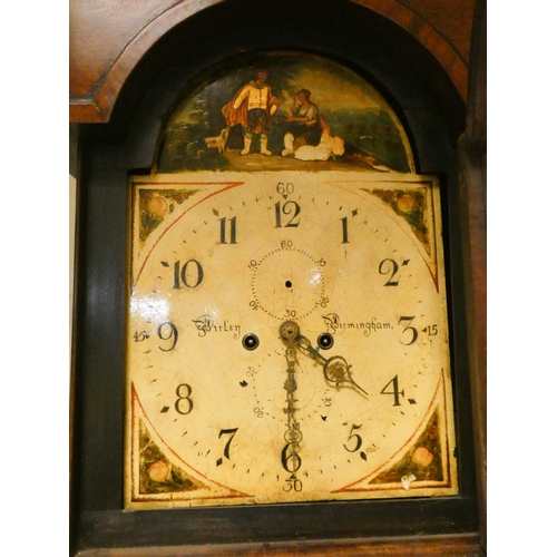 389 - A Victorian 8 day longcase clock with painted arched dial, signed Birley, Birmingham in oak and maho... 