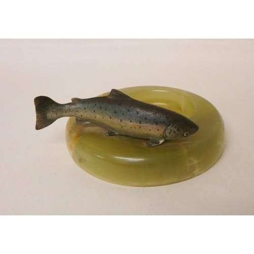 248 - An Art Deco cold painted bronze and onyx ashtray modelled with a trout mounted on a onyx base with c... 